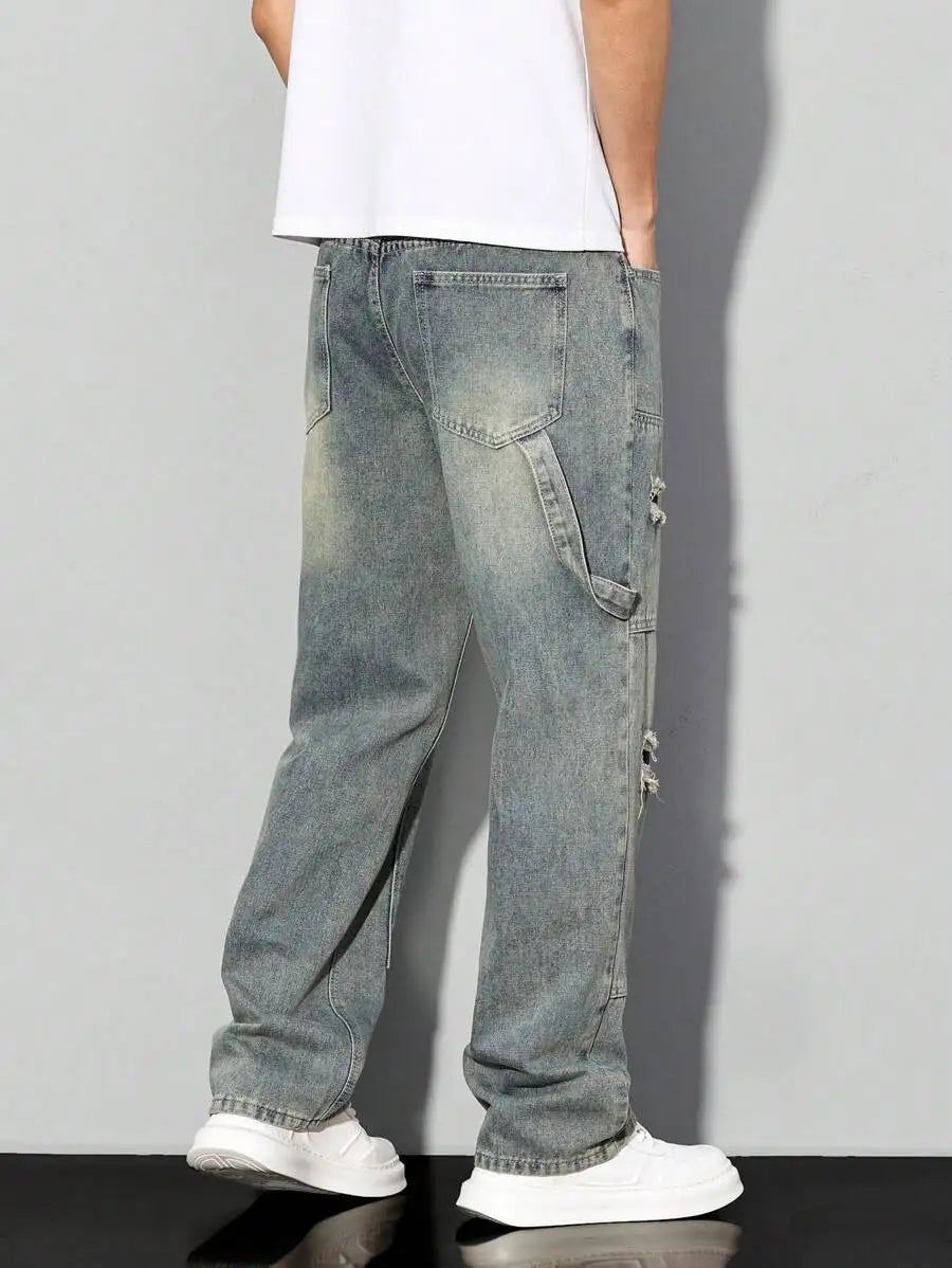 Men's Casual Denim Jeans Spring Autumn Winter Straight Leg Loose Fit Long Pants Double Belt Hole Pocket Daily Wear