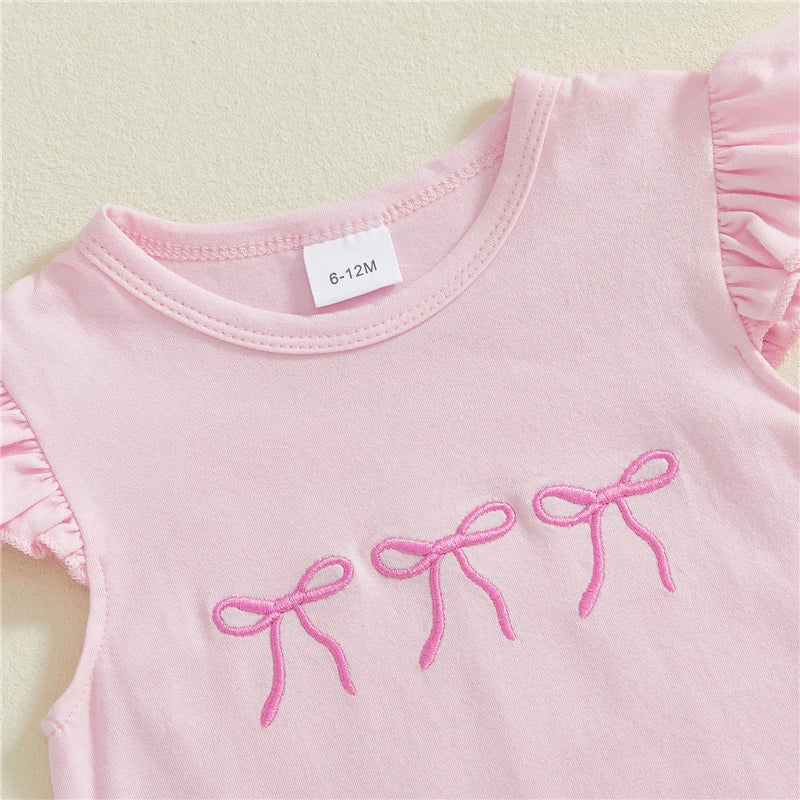 Toddler Kids Girls Clothing Sets Short Sleeve Bow Embroidery Tops Ruffle Trim Shorts Baby Clothes Children Kids Outfits
