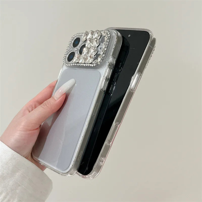 Luxury Sparkling Rhinestone Decoration Camera Frame Large Window Phone Case For iPhone 17 13 14 15 16 Pro Max Shockproof Cover