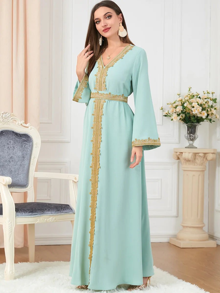 Muslim Women's Clothing, Solid Color Patchwork Basic Style, Loose Embroidery, Long Skirt, Dress, Long-Sleeved Dress