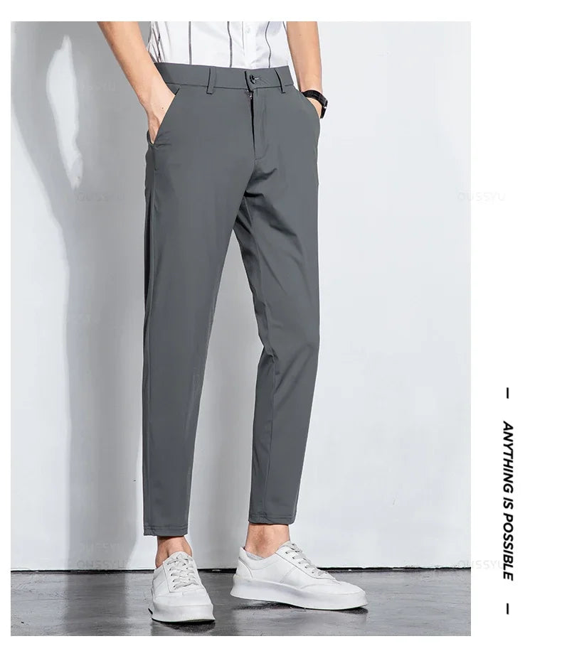 Summer Stretch Suit Pants Men Thin Business Solid Color Slim Ankle-Length Casual Formal Office Trousers