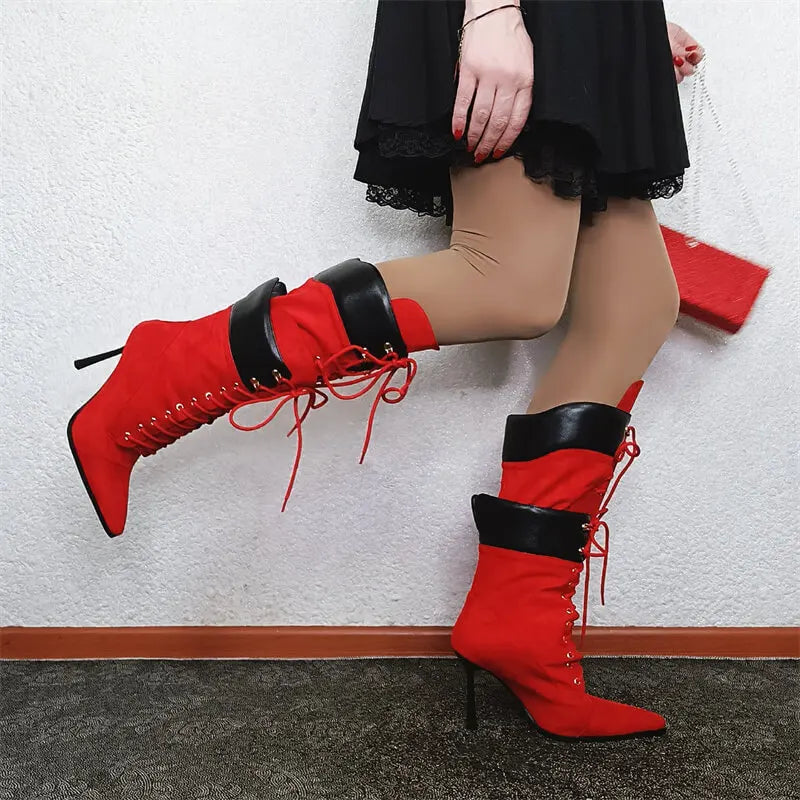 Onlymaker Women Pointed Toe Double Stiletto High Heel Lace Up Mid-Calf Boots
