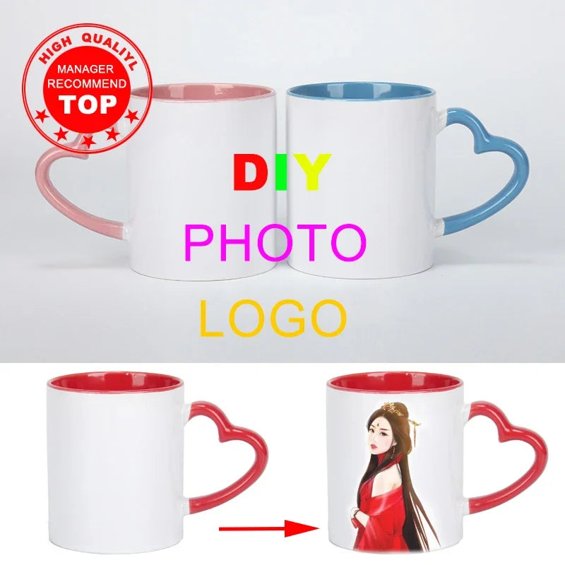 Customize white Ceramic coffee cup Creative customize logo Mug white Pnik handle Ceramic cups Print Pictures logo text mugs