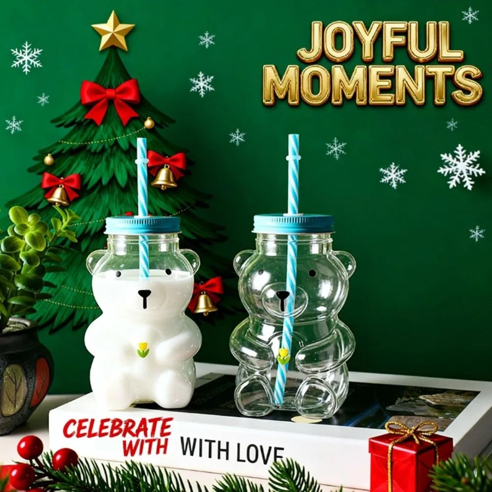 Cute 2025 Bear Glass Cup Transparent Large Capacity Glass Cup with Straw With Lid Bear Straw Cup Home Bar