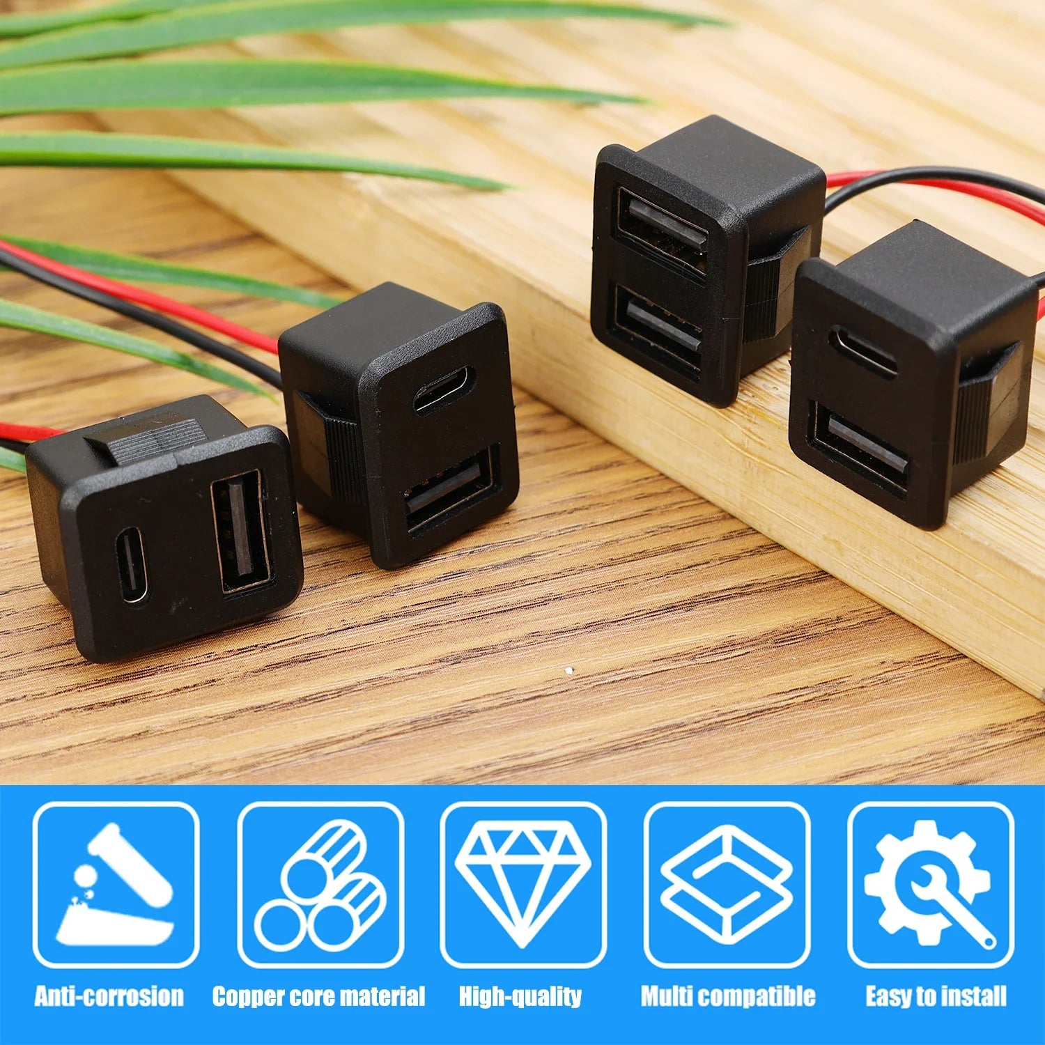 Black Double Layer Usb Female Type-C Socket Car Accessories 1-10pcs Usb Lamp Charging Female Power Socket with Cable Connector