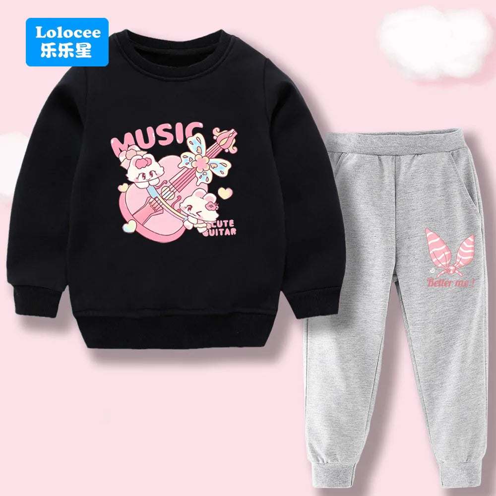 Toddler Girl 2Pcs Outfit: Music Rabbit Cartoon Sweatshirt + Black Pants Kids Casual Clothing Set Kids Tracksuit (3-14Y)  YL01