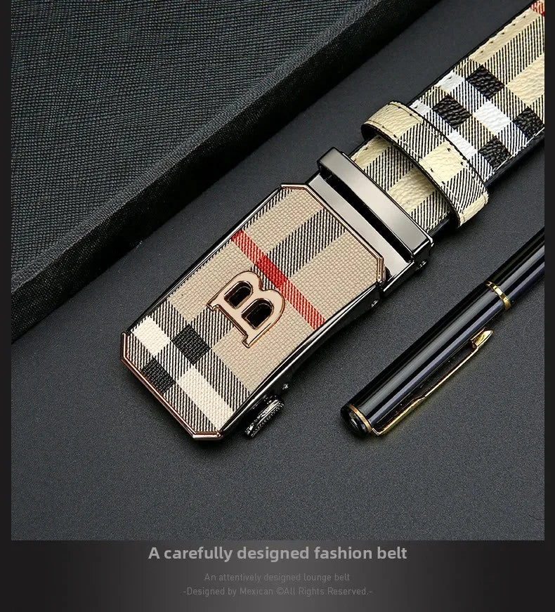 Trendy Plaid B Letter Automatic Buckle Belt for Men Premium Quality Fashionable Business Style Versatile Home Use