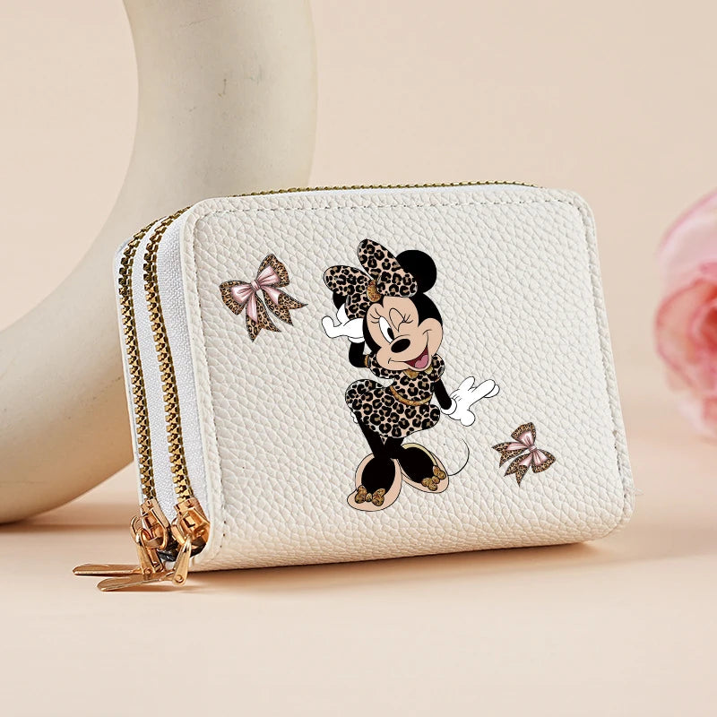Mickey Minnie Women's Double Zipper Wallet Lychee Pattern Fashion Short Credit Card Holder with Large Capacity Coin Purse