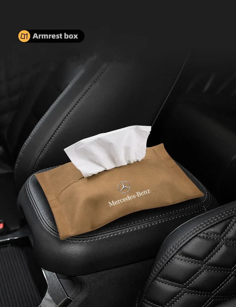 Car Tissue Box Suede Sun Visor Seat Back Hanging Bag For Mercedes Benz AMG W211 W204 W210 W203 CLA GLA GLS GLE Auto Accessories