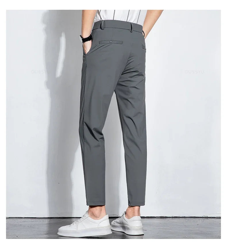 Summer Stretch Suit Pants Men Thin Business Solid Color Slim Ankle-Length Casual Formal Office Trousers