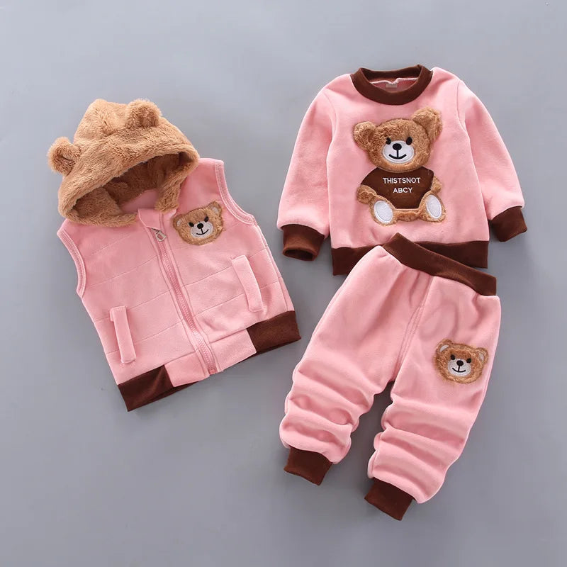 Baby Toddler Boys Girls Clothing Set Tricken Fleece Children Hooded Outerwear Vest Tops Pants 3PCS Kids Warm Fashion Outfits