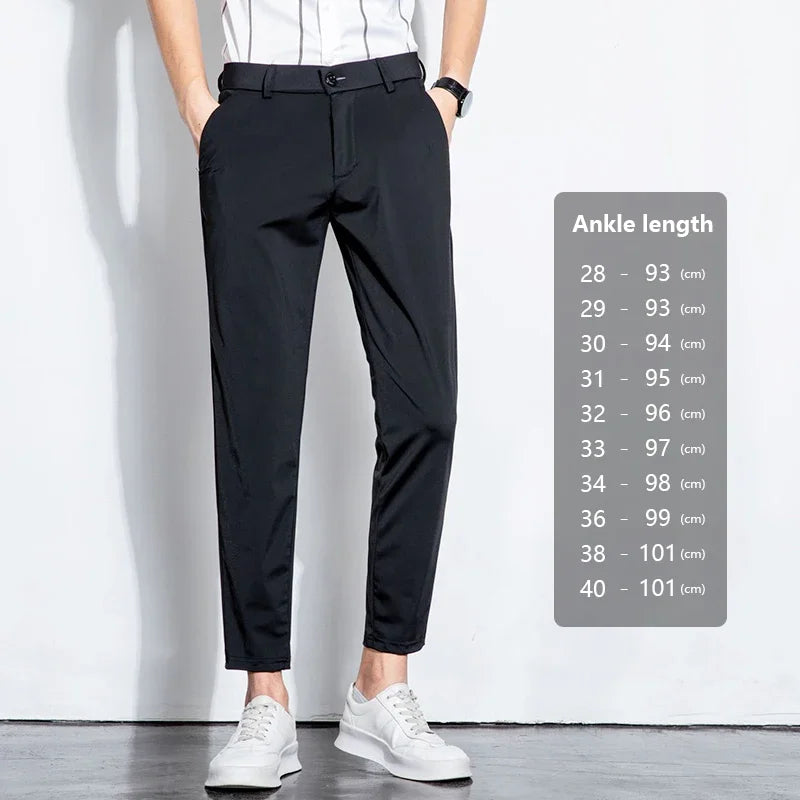Summer Stretch Suit Pants Men Thin Business Solid Color Slim Ankle-Length Casual Formal Office Trousers