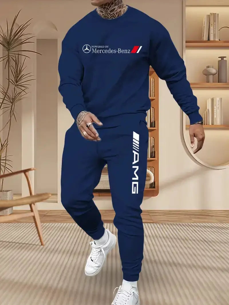 Mercedes-Benz Autumn Winter Set Men's Casual Versatile Printed Sweatshirt and Sweatpants Autumn Winter Cool Handsome Men's Long