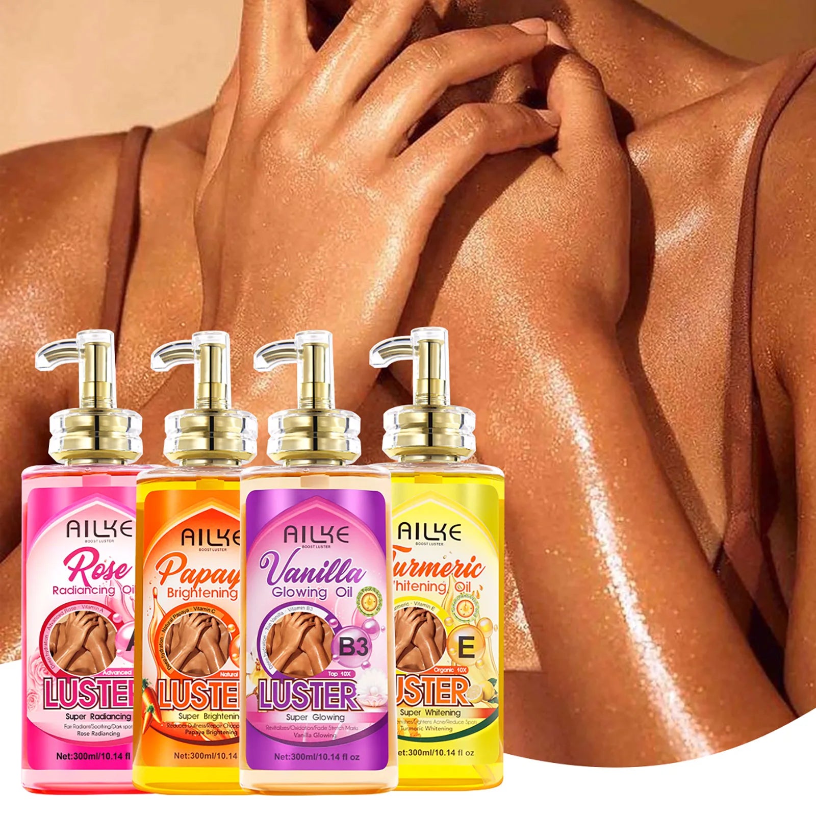 AILKE Lightening Body Massage Oil, Moisturizing, Anti Wrinkles, Dry Lines, Dark Spots Removal for All Skin Types, 300ml