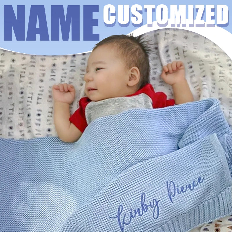 Personalized Embroidered Name Knitted Cotton Blanket Stroller Cover Kids Nap Blanket for Newborn Baby Shower Gift