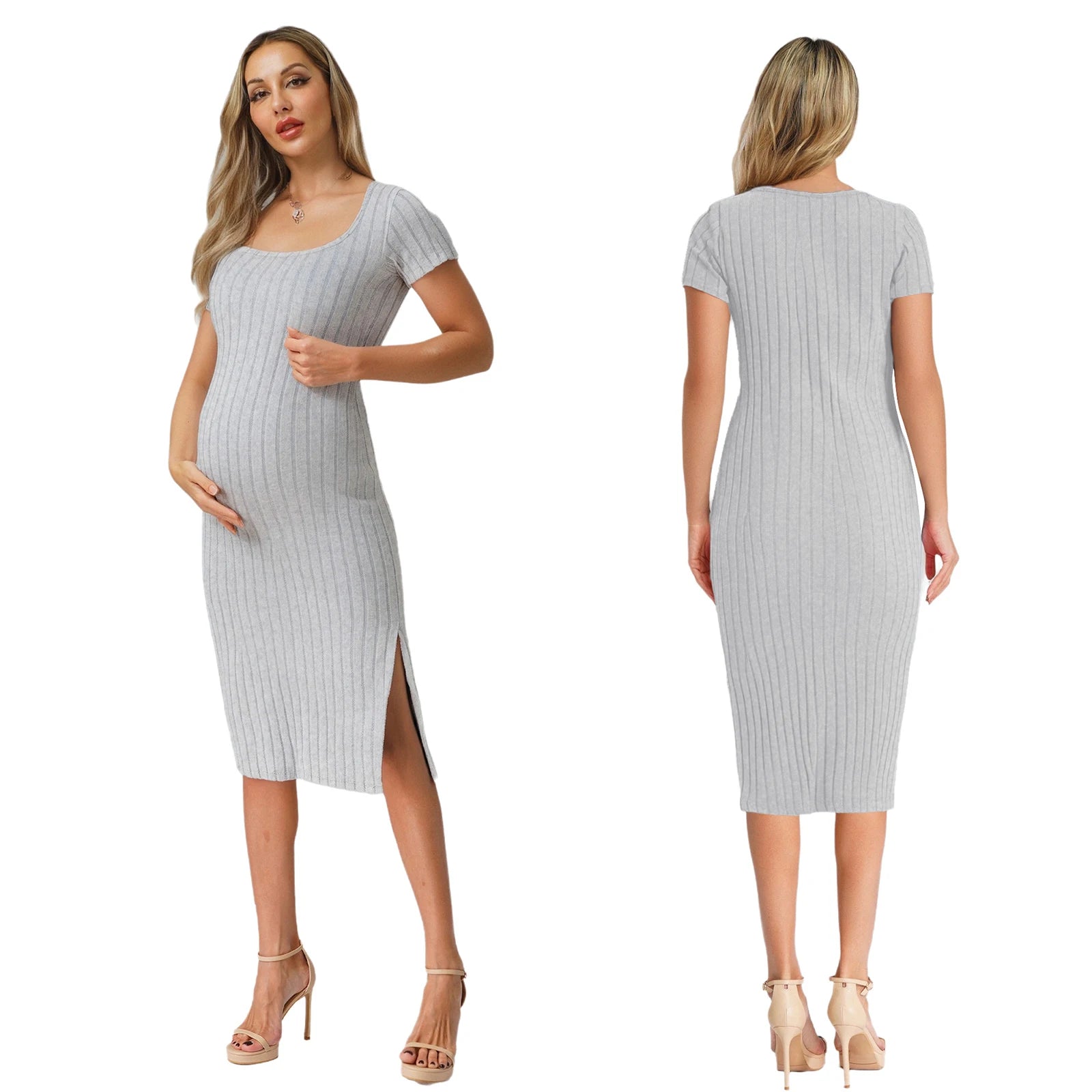 Elegant Maternity Knitted Dress Solid Color Short Sleeve Split Dresses Pregnancy Women Clothes Wedding Party Casual Daily Wear