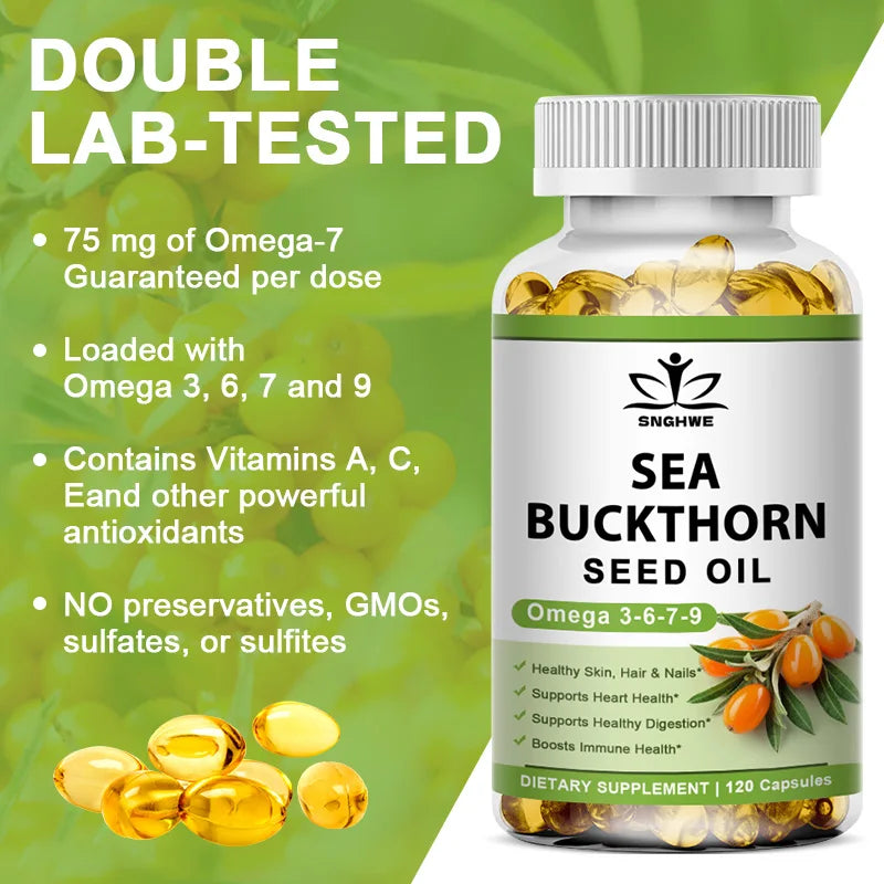 Organic Omega-7 Sea Buckthorn Seed Oil Capsule for Heart, Immune Support, and Intestinal Health, Healthy Skin, Hair and Nails