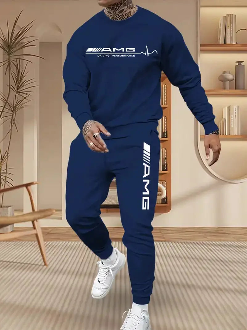 Mercedes-Benz Autumn Winter Set Men's Casual Versatile Printed Sweatshirt and Sweatpants Autumn Winter Cool Handsome Men's Long