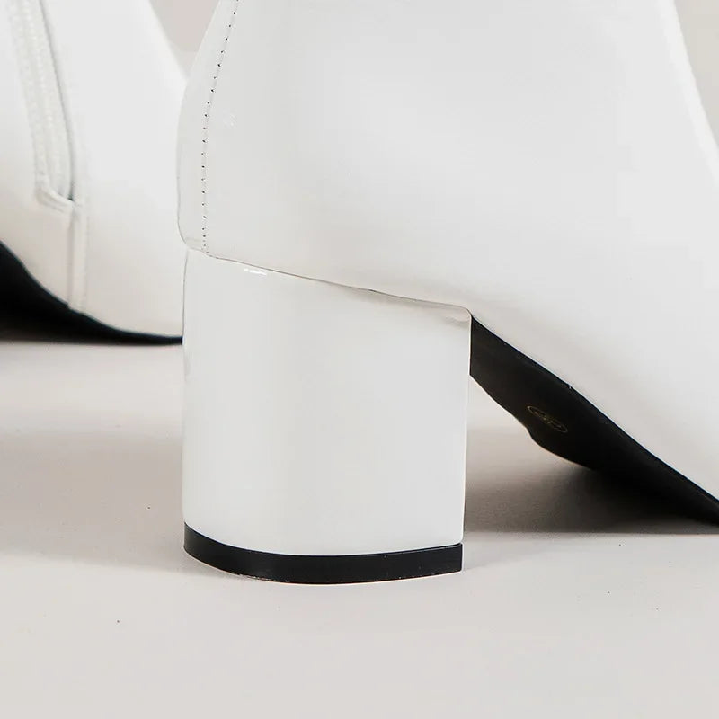 White Ankle Boots for Women 2024 New Side Zipper Stretch Middle Heel Large Size Short Boot Fashion Pointed Shoes Botas De Mujer