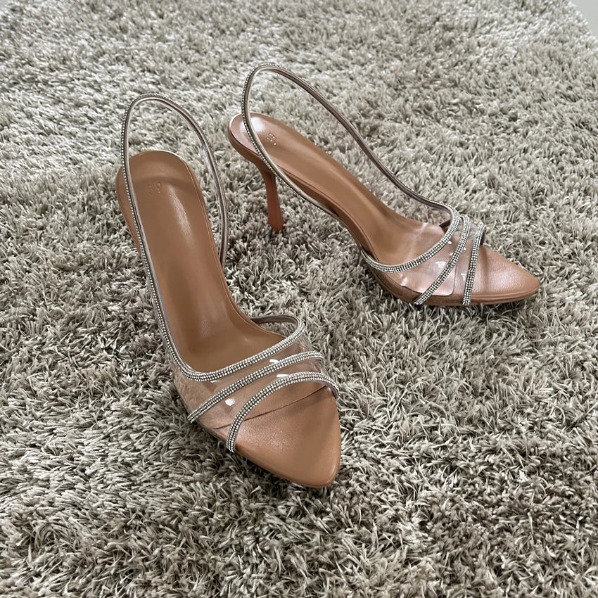 2025 Women Summer Rhinestone Slingback Pumps Office Lady Transparent Heeled Sandals Elegant Pointed Toe Female Sexy High Heels