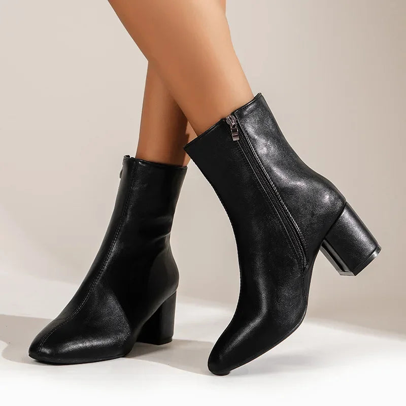 White Ankle Boots for Women 2024 New Side Zipper Stretch Middle Heel Large Size Short Boot Fashion Pointed Shoes Botas De Mujer