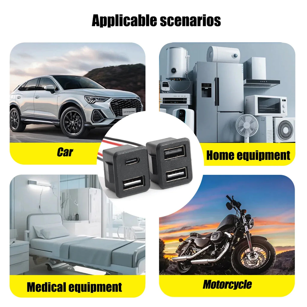 Black Double Layer Usb Female Type-C Socket Car Accessories 1-10pcs Usb Lamp Charging Female Power Socket with Cable Connector
