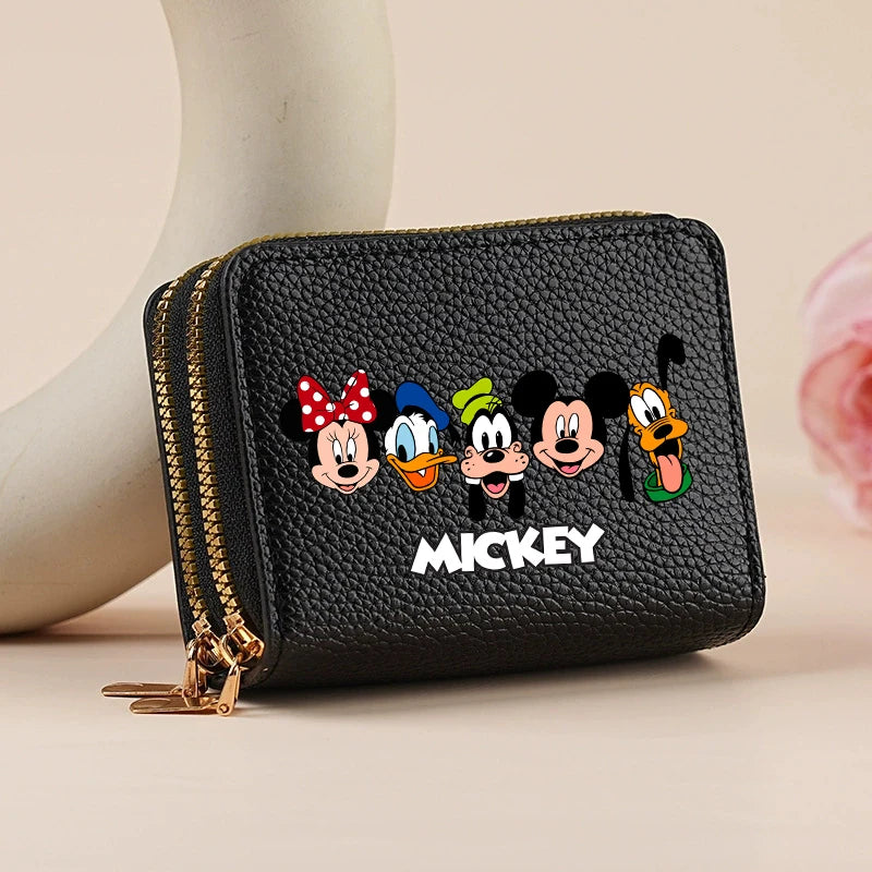 Mickey Minnie Women's Double Zipper Wallet Lychee Pattern Fashion Short Credit Card Holder with Large Capacity Coin Purse