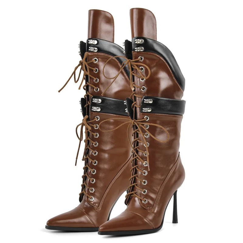 Onlymaker Women Pointed Toe Double Stiletto High Heel Lace Up Mid-Calf Boots