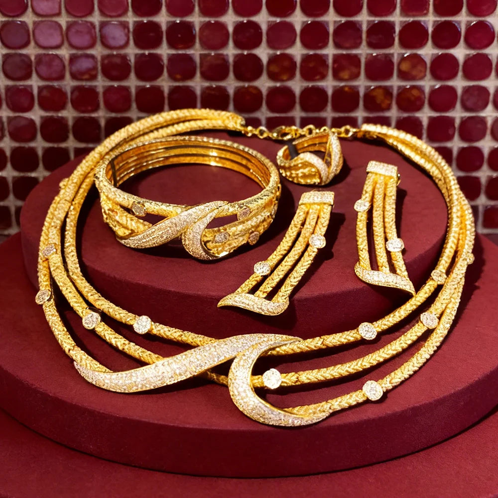 GODKI Leaf Charms 4Pcs Luxury Nigerian Jewelry Set For Women Wedding Cubic Zircon Dubai Bridal Necklace Earring Bangle Ring Set