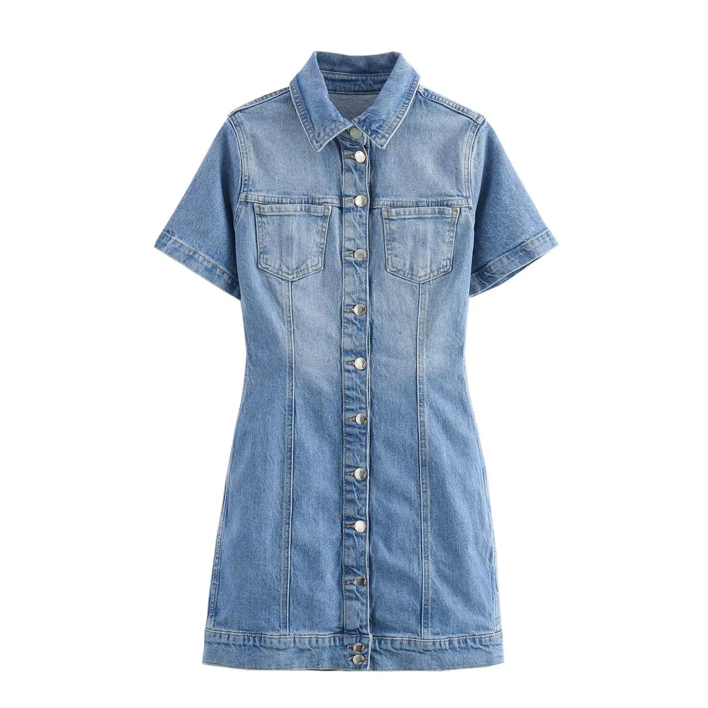 BSK&TRAF2025 Summer New Women's Temperament Slim Button-Decorated Denim Short Sleeve Mini Dress 6147/070