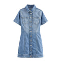 BSK&TRAF2025 Summer New Women's Temperament Slim Button-Decorated Denim Short Sleeve Mini Dress 6147/070