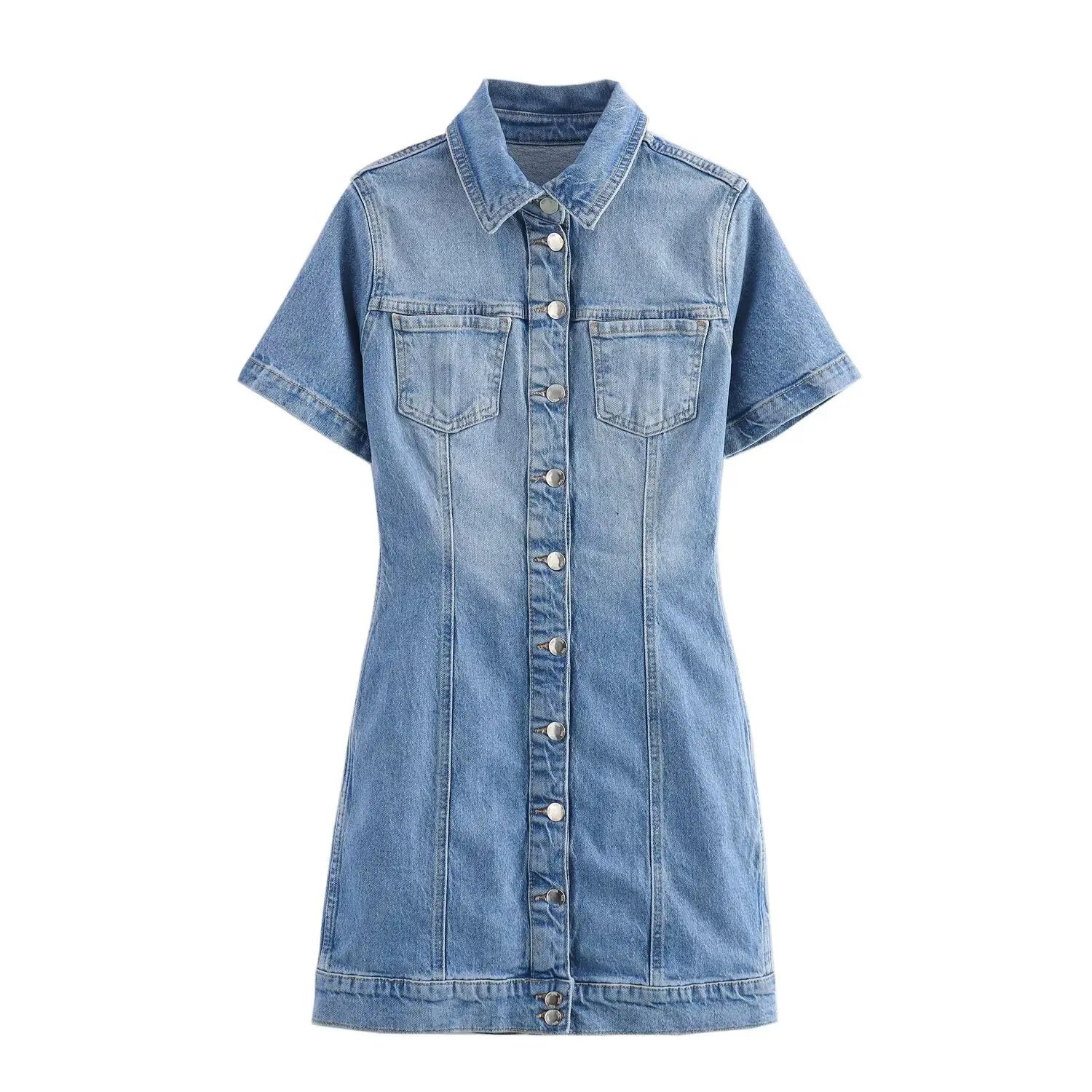 BSK&TRAF2025 Summer New Women's Temperament Slim Button-Decorated Denim Short Sleeve Mini Dress 6147/070