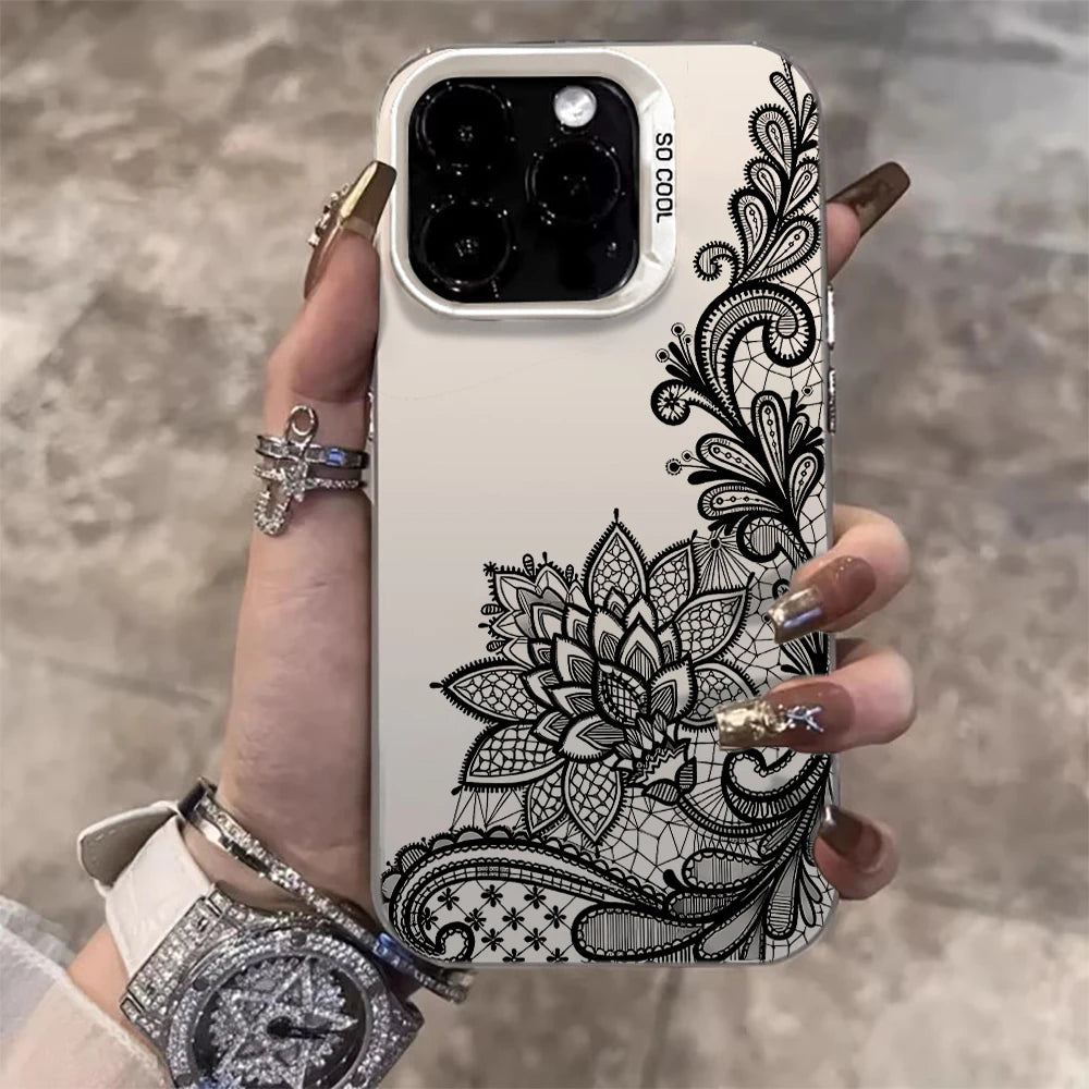 Lace Flowers Fashion Case For iPhone 16 17 15 Pro Max Cases iPhone 17 11 12 13 ProMax 14 15 16 Plus 8 XS XR Shockproof IMD Cover