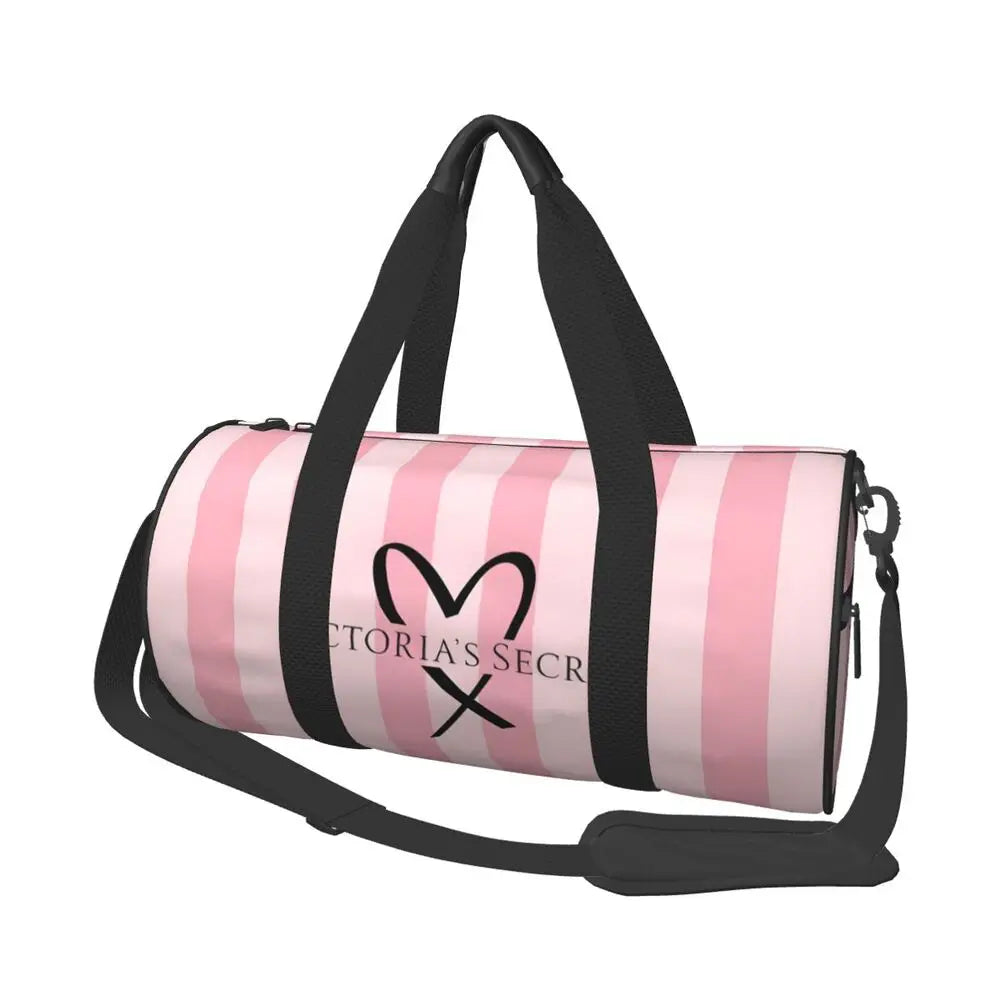 Pink White Stripe Round Capacity Travel Duffel Bag Male Female Large-Capacity Hand Luggage Sports Fitness Bag Travel Package