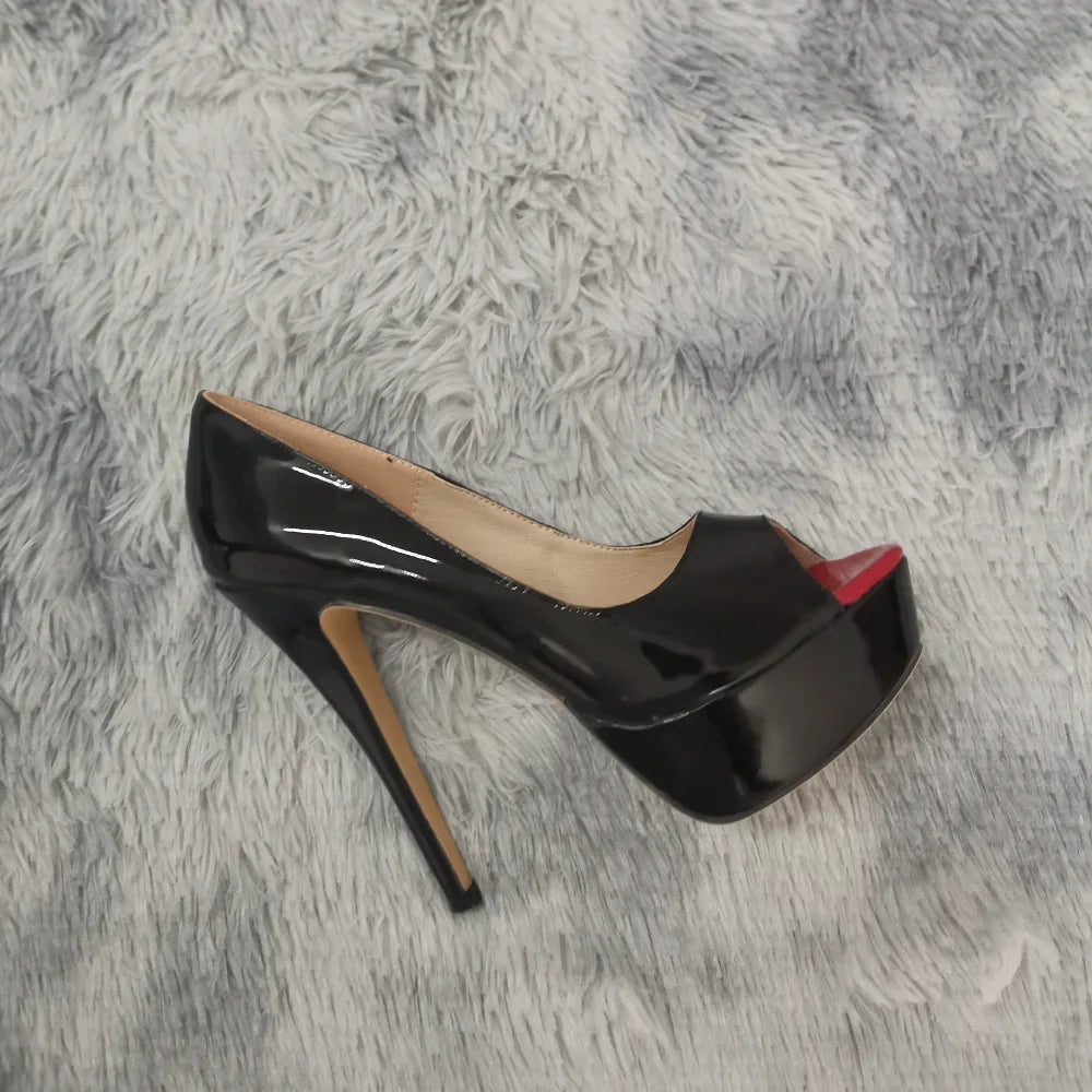 LOSLANDIFEN Women Pumps Sexy Peep Toe Platform 14cm Super High Heels Patent Leather Shoes Red Wedding Stilettos Large Size 44
