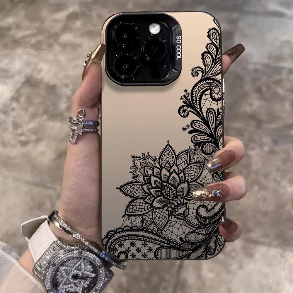 Lace Flowers Fashion Case For iPhone 16 17 15 Pro Max Cases iPhone 17 11 12 13 ProMax 14 15 16 Plus 8 XS XR Shockproof IMD Cover