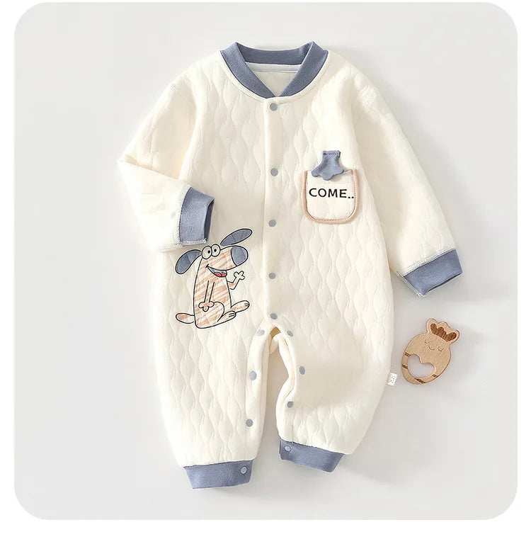 Baby Jumpsuit, Autumn Thick Cotton Jacket, Three-layer Warm Clothes for Newborns 0-18 Months Crawling Clothes for Young Children