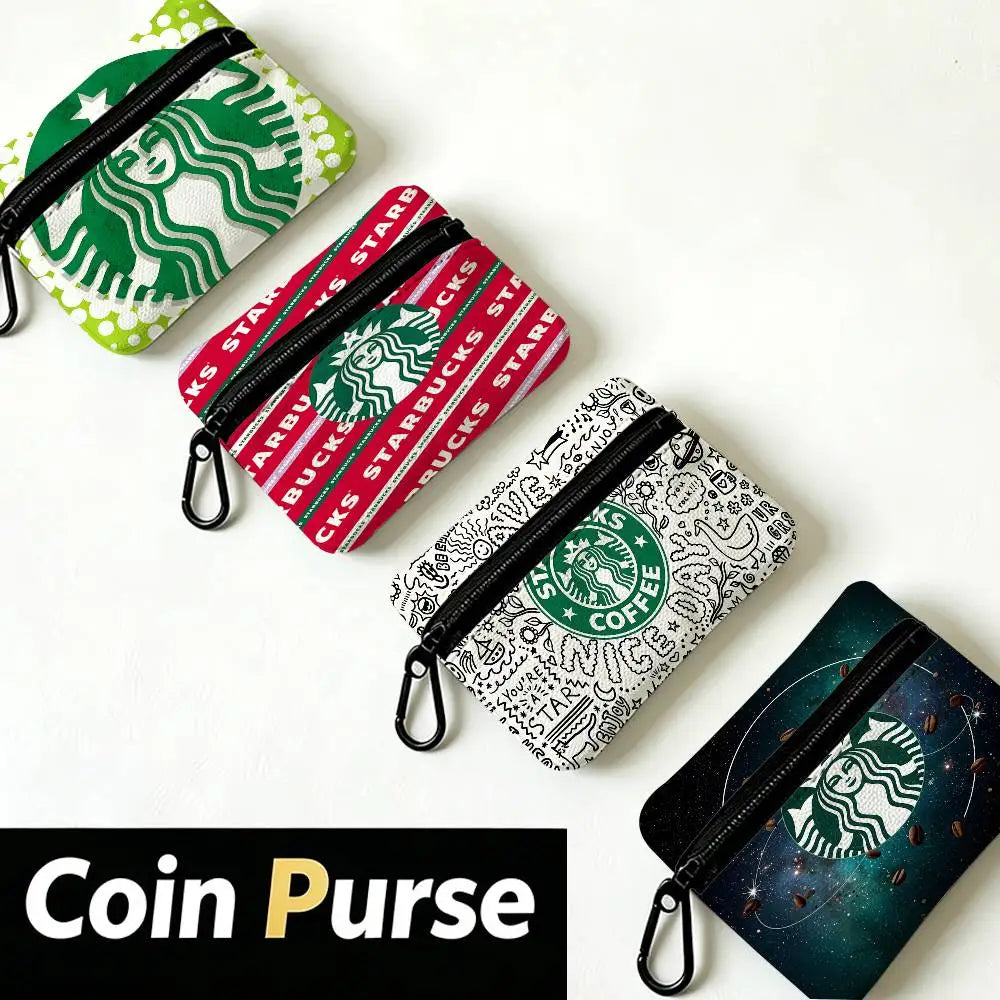 Cool S-Starbucks LOGO Mini Hanging Oxford Cloth Coin Bag Durable Zipper Key Card Pouch With Carabiner
