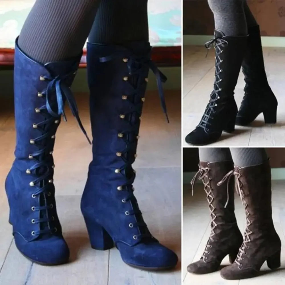 2024 Black boots women Shoes  knee high Women Casual Vintage Retro Mid-Calf Boots Lace Up Thick Heels Shoes