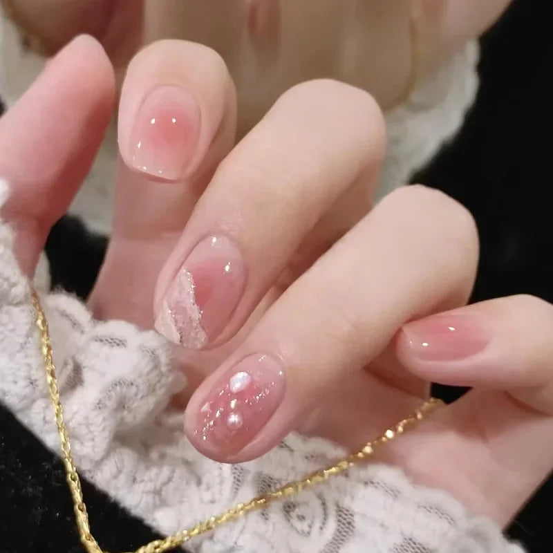 24Pcs/Set Sweet Love Fake Nail with Gradient French Press on Nails Reusable Short Full Cover Nail Tips for Women Wholesale