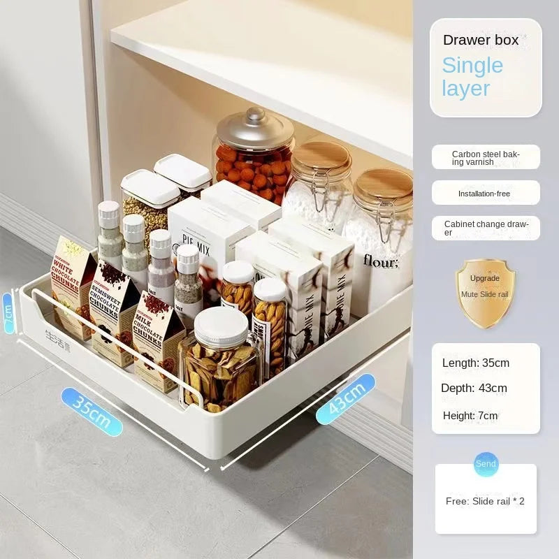 New Kitchen Storage Rack with Slide Rails Pull-out Kitchen Drawer Type Storage Tray Spice Box Storage Shelf Cabinets Organizer