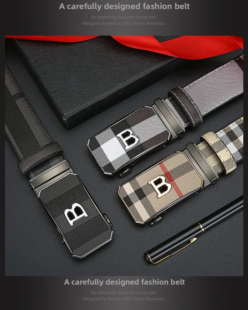 Trendy Plaid B Letter Automatic Buckle Belt for Men Premium Quality Fashionable Business Style Versatile Home Use