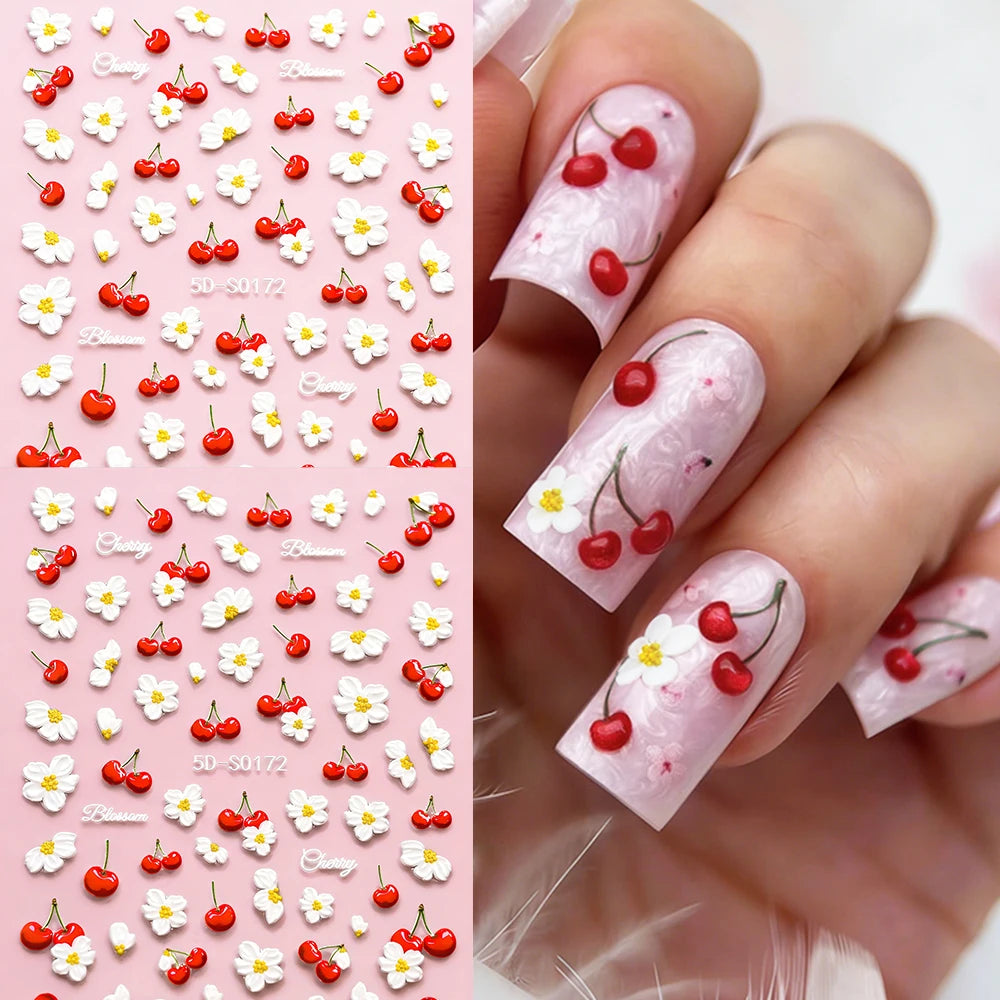 2pcs 5D Elegant Cherry Fruit Nail Stickers Kawaii Spring White Flowers Self-Adhesive Nail Decals DIY Wedding Season Nail Decor