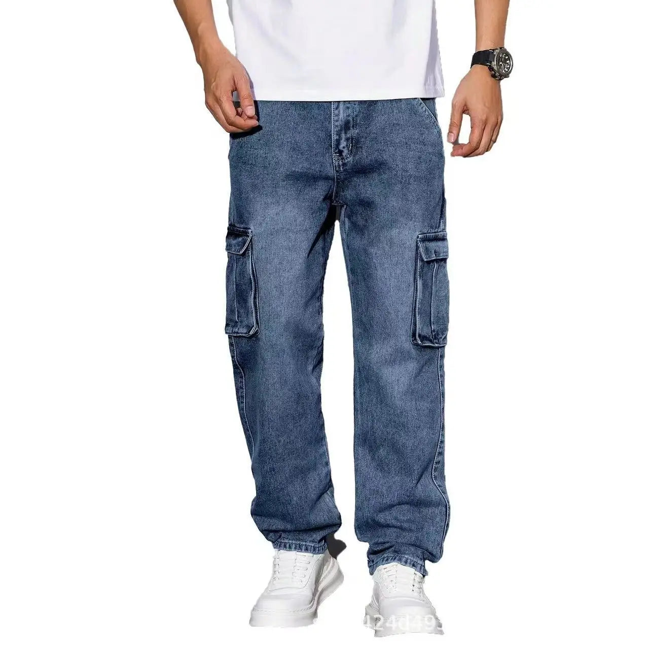 American High Street Hip Hop Style Loose Straight Leg Casual Long Jeans Multi Pocket Workwear Cotton Blend Spring Autumn