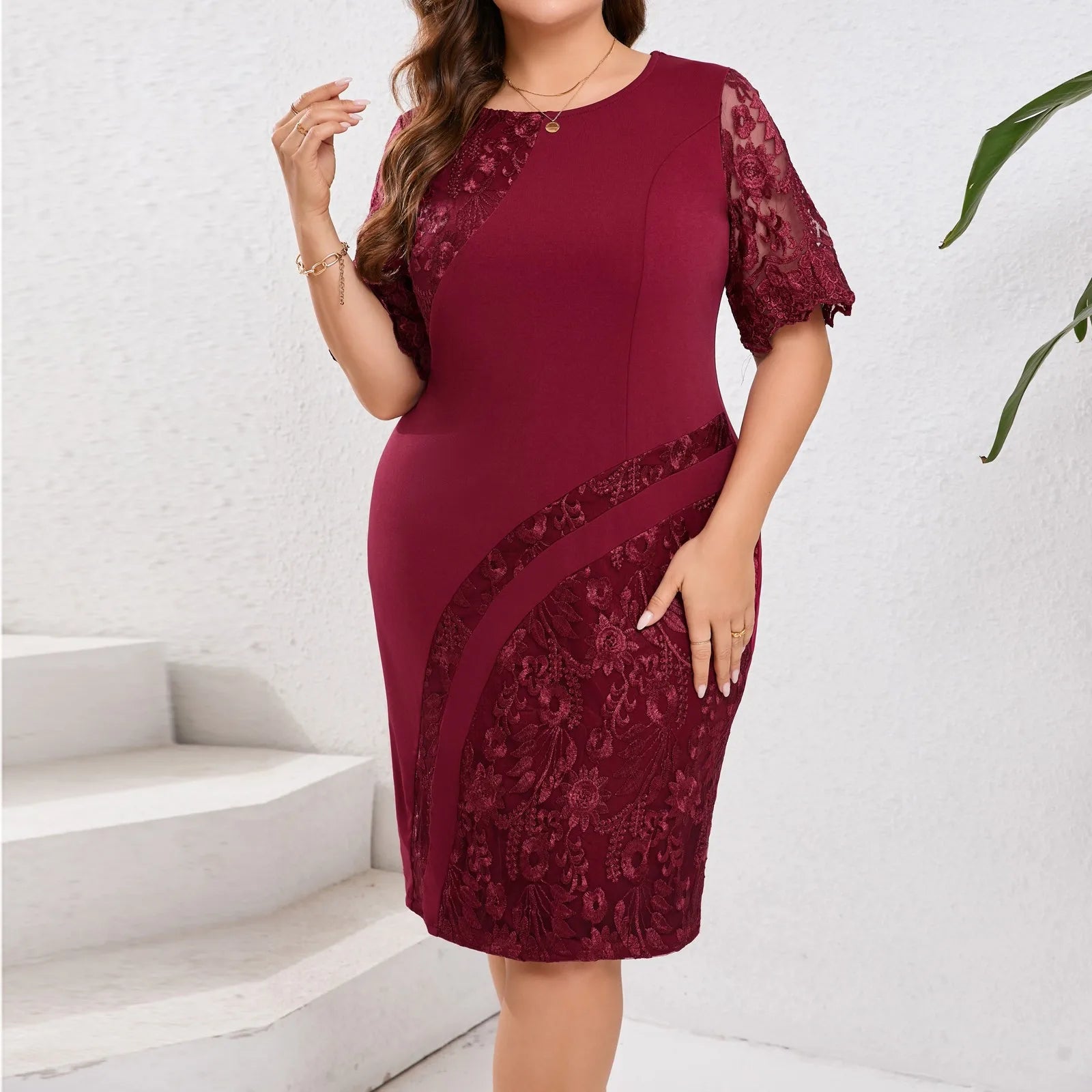 Plus size elegant dress for women short sleeve spliced lace embroidery party dresses solid color slim cocktail dresses