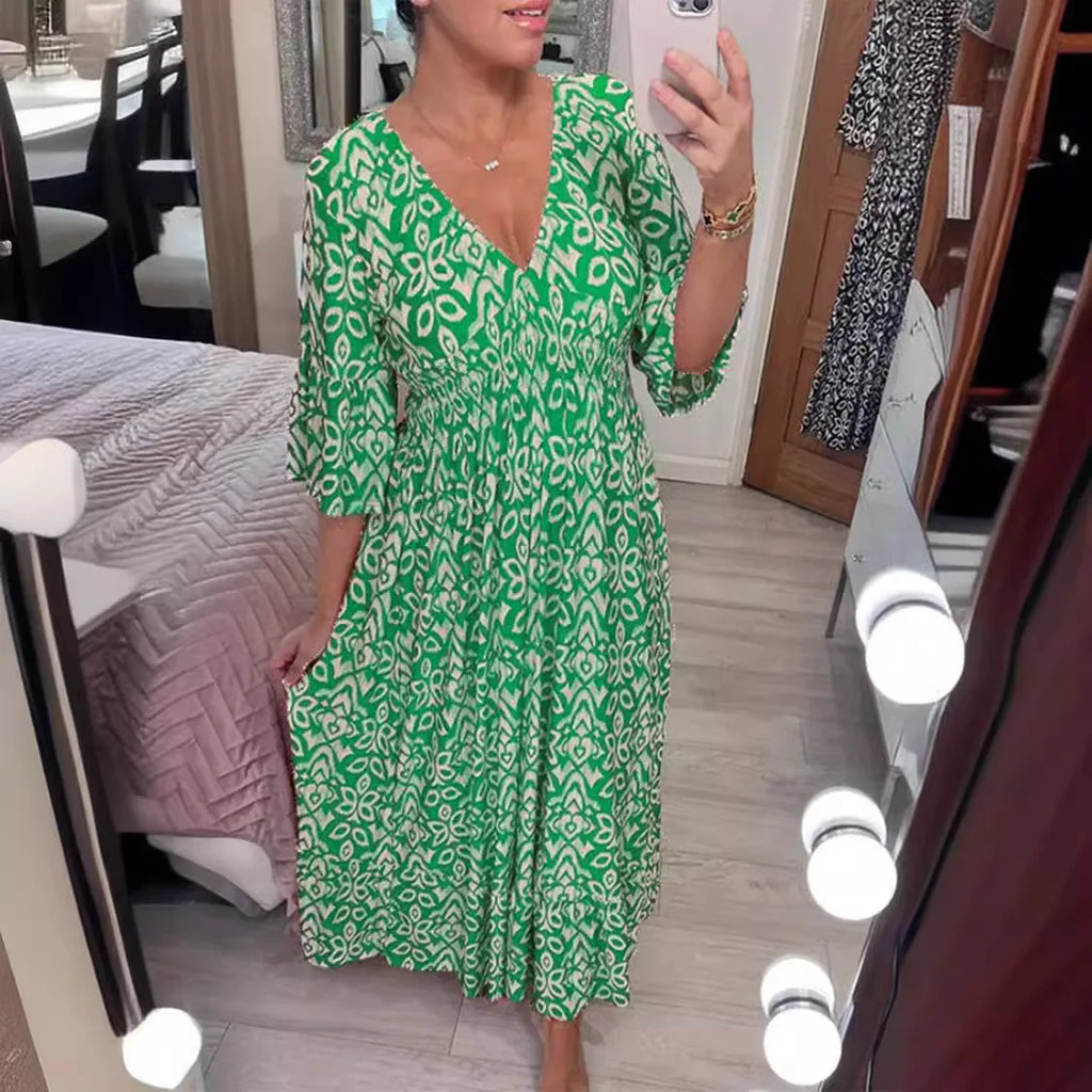 Sexy V Neck Half Sleeve Butterfly Floral Print Maxi Long Dress Summer Female Tunic Elastic Waist Loose Holiday Party Dresses