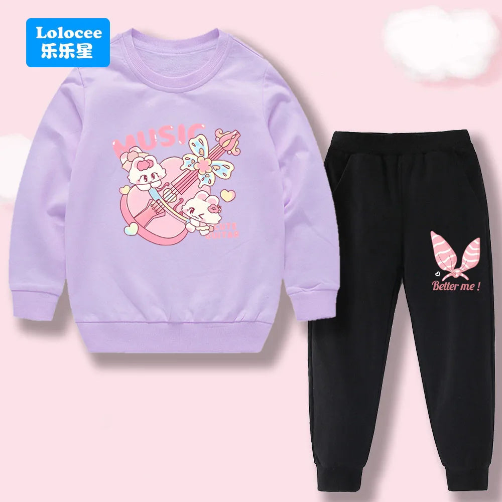 Toddler Girl 2Pcs Outfit: Music Rabbit Cartoon Sweatshirt + Black Pants Kids Casual Clothing Set Kids Tracksuit (3-14Y)  YL01