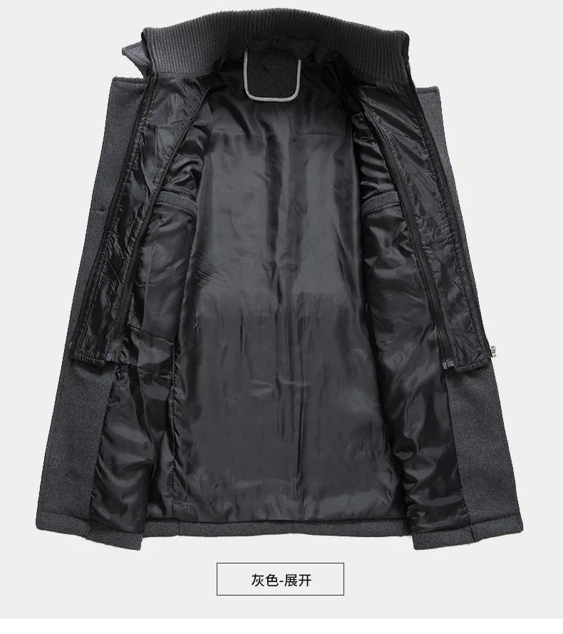 New Winter Mens Wool Blends Coats Solid Color Thick Warm Woolen Overcoat Double Neck Trench Coat Men Single Breasted Windbreaker