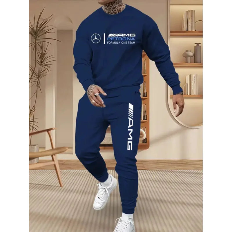 Mercedes-Benz Autumn Winter Set Men's Casual Versatile Printed Sweatshirt and Sweatpants Autumn Winter Cool Handsome Men's Long