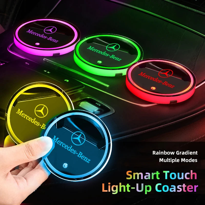 Car Glowing Coasters LED Light Water Cup Mat For Mercedes Benz AMG W203 W206 W220 W205 W211 Car USB Charging Coasters keychain
